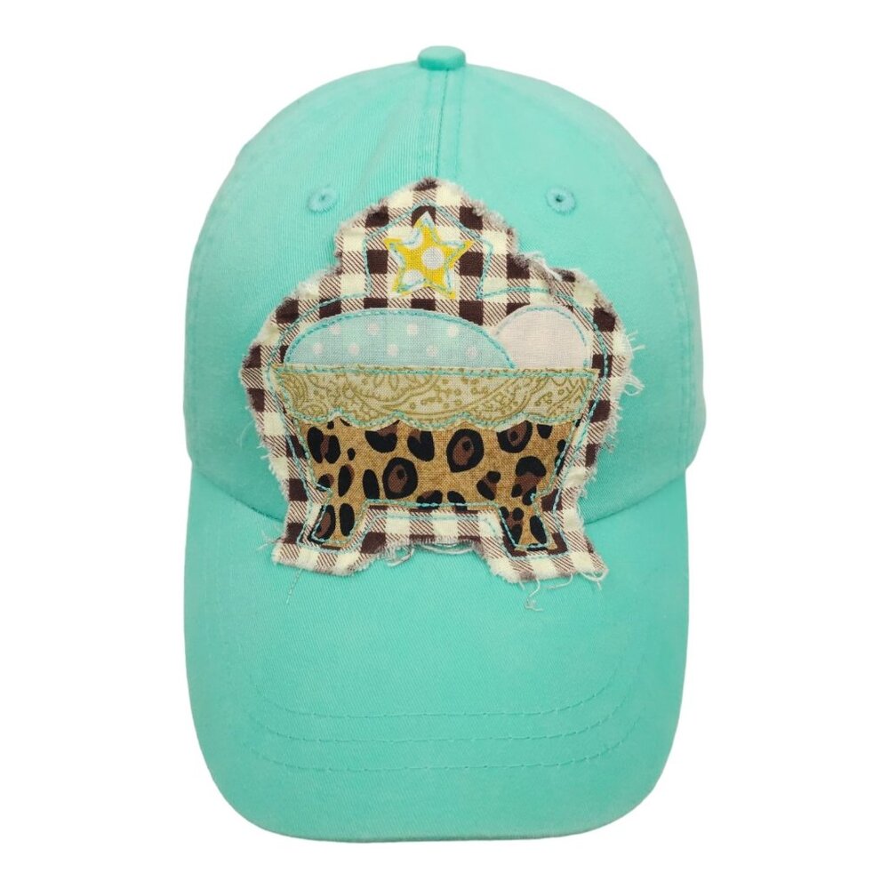 Adams Embroidery Applique Baby Crib Tuck Strap Teal Cap Star Animal Print Hat